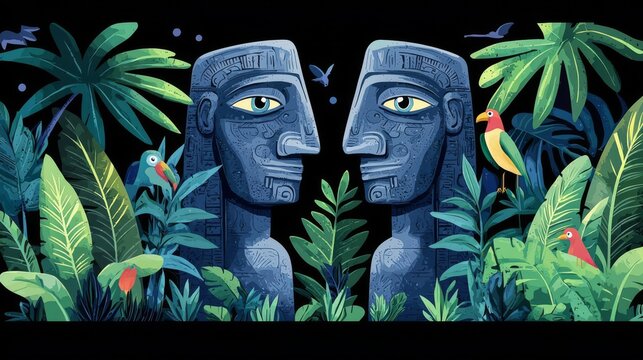 A vibrant illustration of stone statues surrounded by lush tropical foliage.
