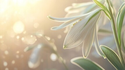 Obraz premium A detailed close-up of a Galanthus flower, its elegant white petals with green accents standing out against a blurred spring background, evoking freshness and renewal