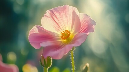 Obraz premium A detailed close-up of a pink Primrose, with bright petals and a golden center, captured against a soft green backdrop with sunlight filtering through