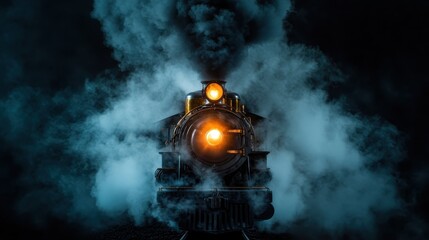 A powerful steam locomotive powerfully seen through swirling clouds of steam, expressing the romance of railway travel and the visual drama of vintage industrial innovation.