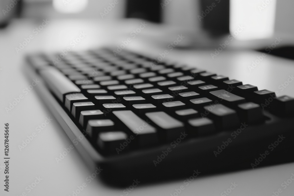Aufkleber Close up view of a sleek black keyboard highlighting various keys and textured surface in a modern workspace. Generative AI