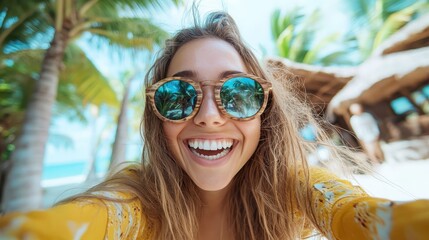 A joyful woman enjoys a sunny day in a tropical paradise, surrounded by palm trees and beach, radiating positivity and the beauty of life in a serene environment.