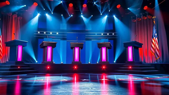 A modern debate studio in the USA, featuring podiums, stage lighting, and an American-themed backdrop, designed for political discussions and televised debates.