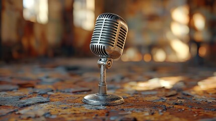 Vintage microphone, derelict building, podcast, rusty floor, sunlit