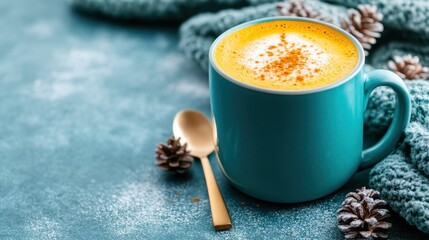 A cozy image featuring a warm golden drink adorned with flavorful spices, served in a turquoise cup, suggesting warmth and comfort during colder days.