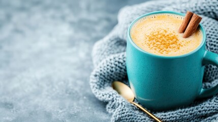 A visually appealing image of a turquoise cup filled with a spiced golden beverage, capturing the essence of warmth and comfort during chilly evenings.