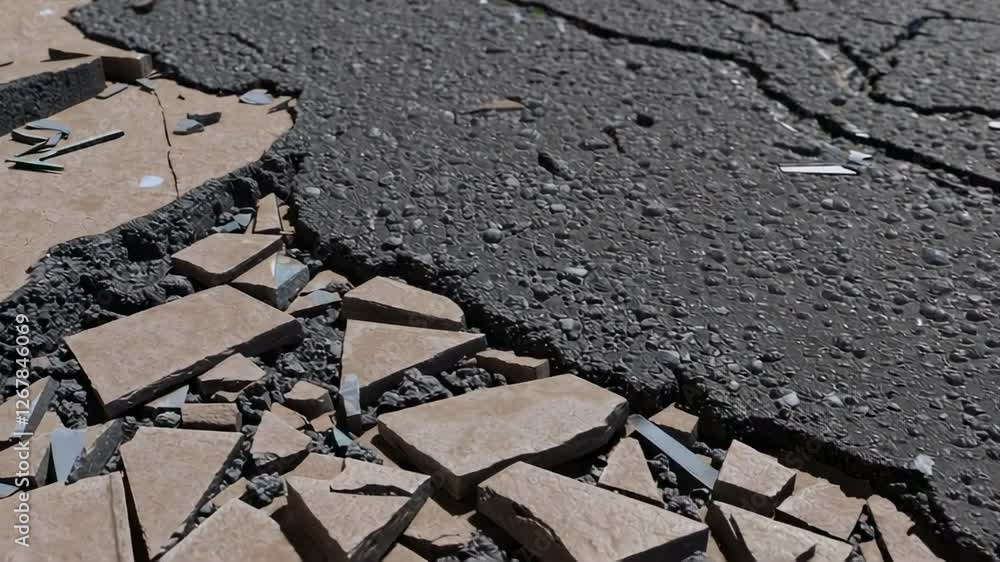 Aufkleber ground shaking during a powerful earthquake causes cracks and breaks in asphalt road, creating a dan