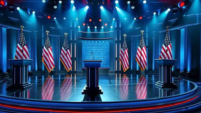A modern debate studio in the USA, featuring podiums, stage lighting, and an American-themed backdrop, designed for political discussions and televised debates.