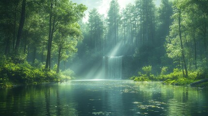 Fototapeta premium Lush forest waterfall stream tranquil morning