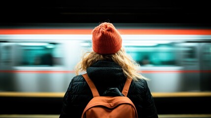 A young person stands on a subway platform as a train rushes by, showcasing the essence of urban commuting and the fast-paced nature of city life in a dynamic scene.