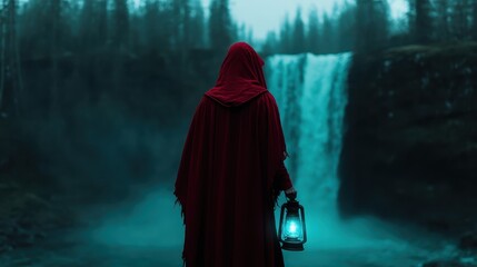 A dramatic view of a cloaked figure with a lantern standing before a powerful waterfall, invoking feelings of awe and connection to nature in a cinematic landscape.
