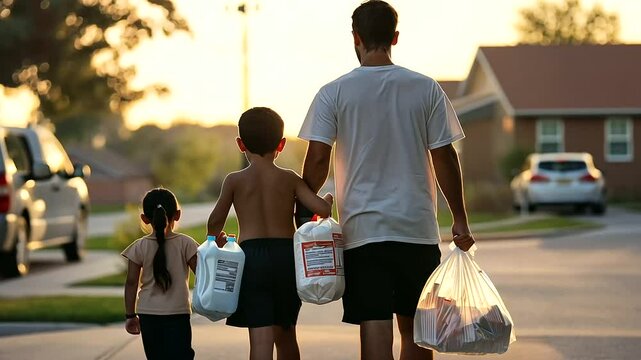 Family Evacuating with Emergency Supplies During Home Crisis