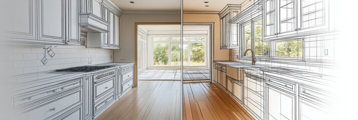 Graphic layout showcasing kitchen renovation plans with before and after design ideas