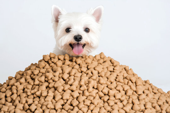 Cute white dog, sitting on a mountain of dog food. - Powered by Adobe