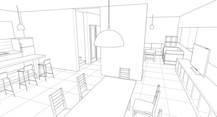 
house interior kitchen living room 3d illustration