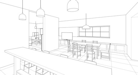 
house interior kitchen living room 3d illustration