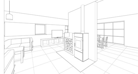 
house interior kitchen living room 3d illustration