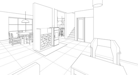 
house interior kitchen living room 3d illustration