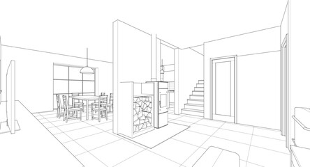 
house interior kitchen living room 3d illustration