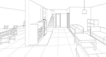 
house interior kitchen living room 3d illustration