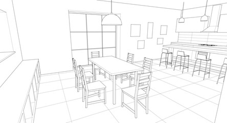 
house interior kitchen living room 3d illustration