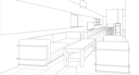 
house interior kitchen living room 3d illustration