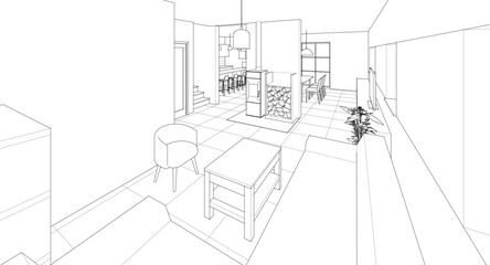 
house interior kitchen living room 3d illustration