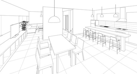 
house interior kitchen living room 3d illustration