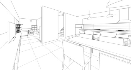 
house interior kitchen living room 3d illustration