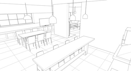 
house interior kitchen living room 3d illustration
