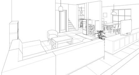 
house interior kitchen living room 3d illustration