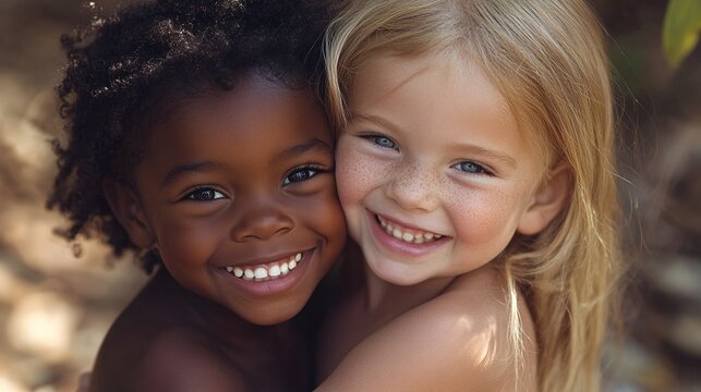 cute smiling kids hugging each other in portrait showcasing friendship love diversity bonding and joyful childhood with positive community and unity concept