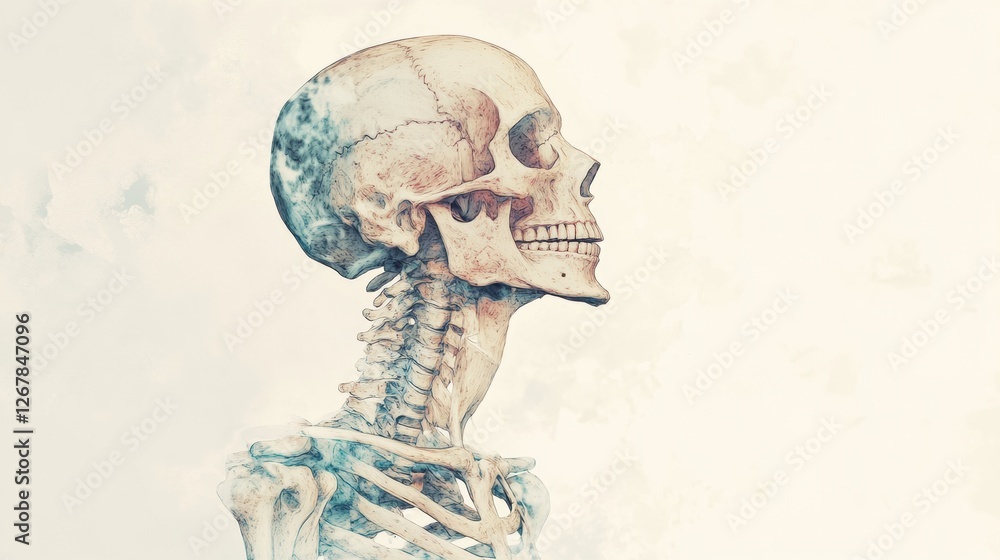 Aufkleber Realistic human skeleton in profile view with detailed anatomical features displayed against a soft background. Generative AI