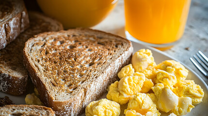 A healthy breakfast spread featuring whole wheat toast, scrambled eggs and fresh orange juice