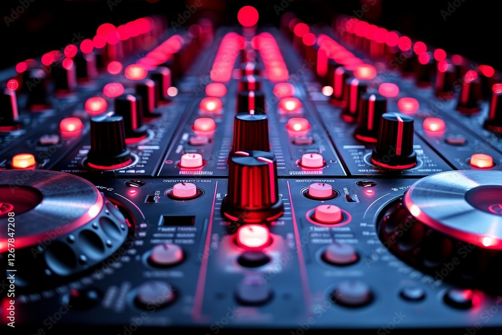 Poster dj skillfully mixing tracks on a professional console in a dynamic music setting