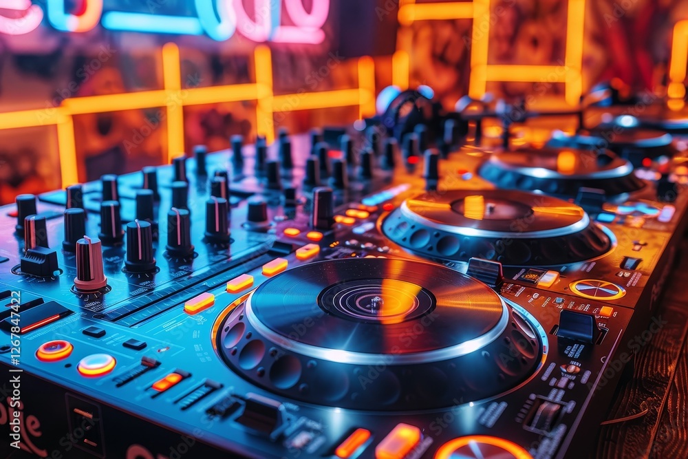 Poster dj mixing tracks on console a vibrant display of skills and creativity in music performance