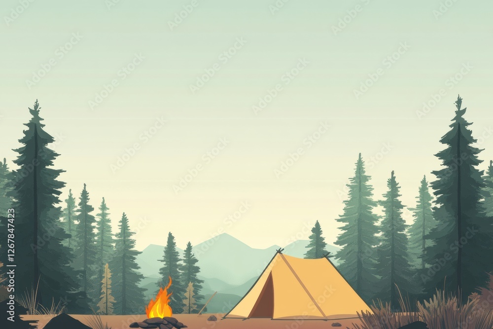 Poster Serene camping setup in a forest clearing with a campfire and mountains in the background during the early evening. Generative AI