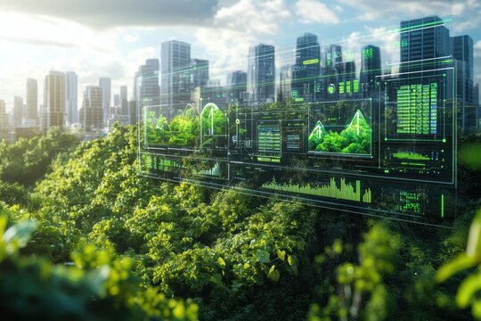 Graphic layouts showcasing sustainable urban development and green technology solutions - Powered by Adobe