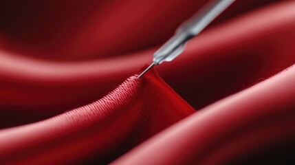 close-up of needle threading bright red fabric captured in focus with blurred background for depth