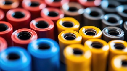 A vibrant array of colored markers lined up, showcasing their caps in blue, red, yellow, and black hues, creating a lively artistic atmosphere.