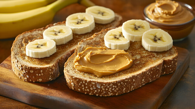 A warm and inviting breakfast scene with whole grain toast, peanut butter and banana slices
