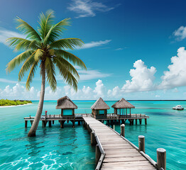 Сloseup calm sea water waves with palm trees.Beautiful sunrise sunset sunlight.Tropical island beach landscape exotic shore coast. Summer vacation,holiday amazing nature Relax paradise.generative ai