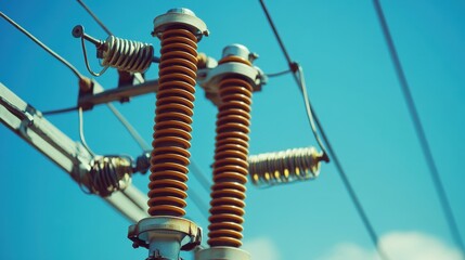 Close-up of electrical insulators against a bright blue sky, showcasing intricate details and industrial design.