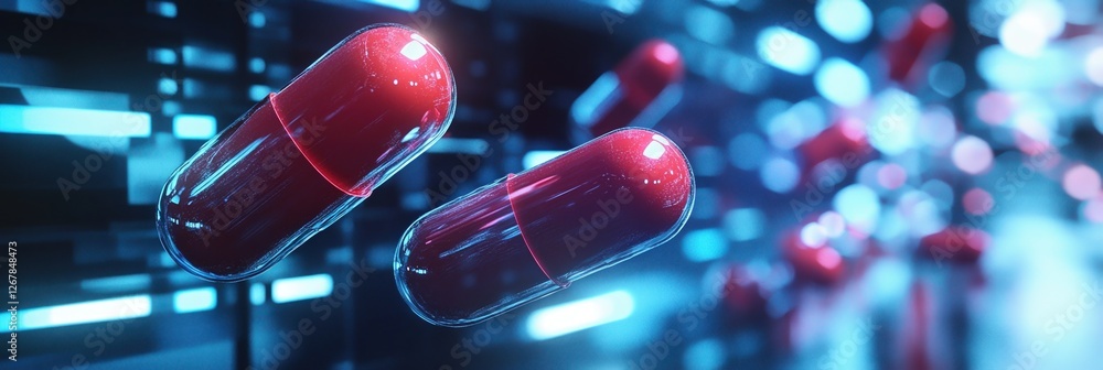 Poster graphic layout featuring floating red capsules in a futuristic digital environment