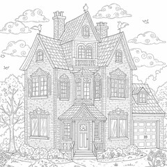 Naklejka premium Detailed House & Home Building Design Coloring Book: Outline Sketch Doodle Illustrations with Page Drawing Elements
