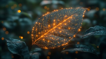 A futuristic leaf with glowing microchip-like circuitry spreading through its natural veins