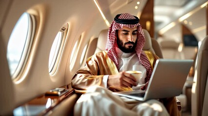 Arab Businessman Working on Laptop in Private Jet - Powered by Adobe