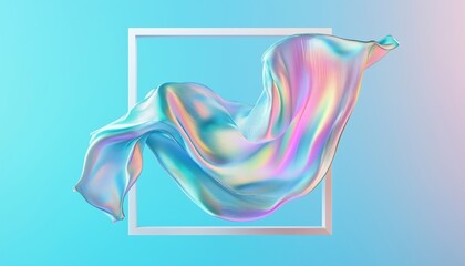 Fototapeta premium Artistic Wallpaper Design Featuring Iridescent Holographic Foil On Blue Background With Folded Cloth Falling And Copy Space