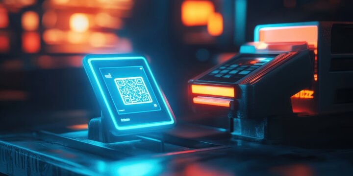 Futuristic Neon-Lit Point of Sale System with QR Code Display: Cyberpunk Retail Technology - Powered by Adobe