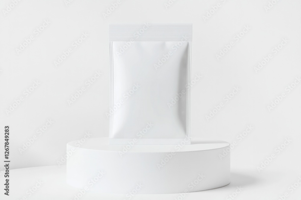 Poster conceptual design of flat white zip-lock bag positioned on clean white background with soft diffused